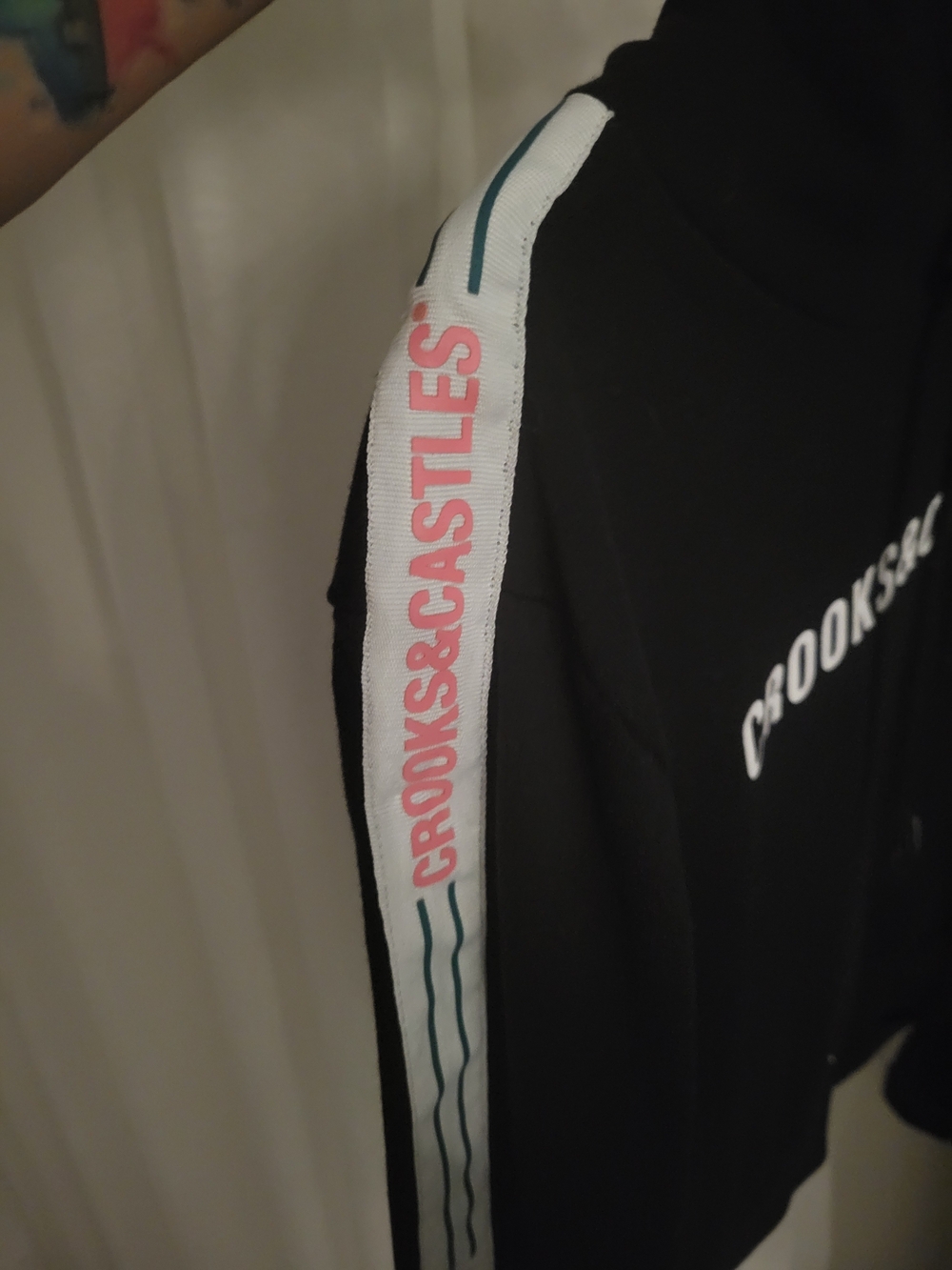 Crooks & Castles Women’s Black Logo Sleeve Shirt - Pink & White Accents
